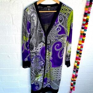 Chico's Black Label Paisley Purple Long Button Down Duster Cardigan S/4